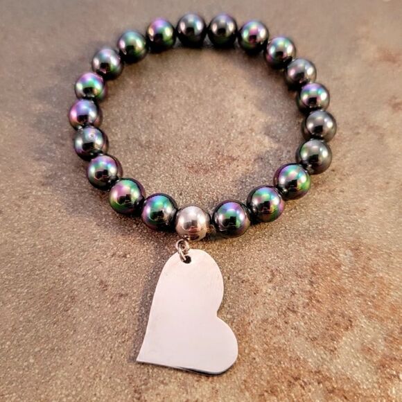 New Iridescent Stainless Steel Beaded  Asymmetrical Heart Bracelet - Picture 2 of 9